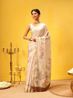 Hiral Fashion Beige Banarasi Art Silk Floral Digital Printed Saree | Grocsy