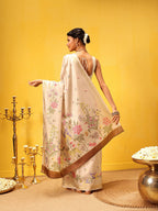 Hiral Fashion Beige Banarasi Art Silk Floral Digital Printed Saree | Grocsy