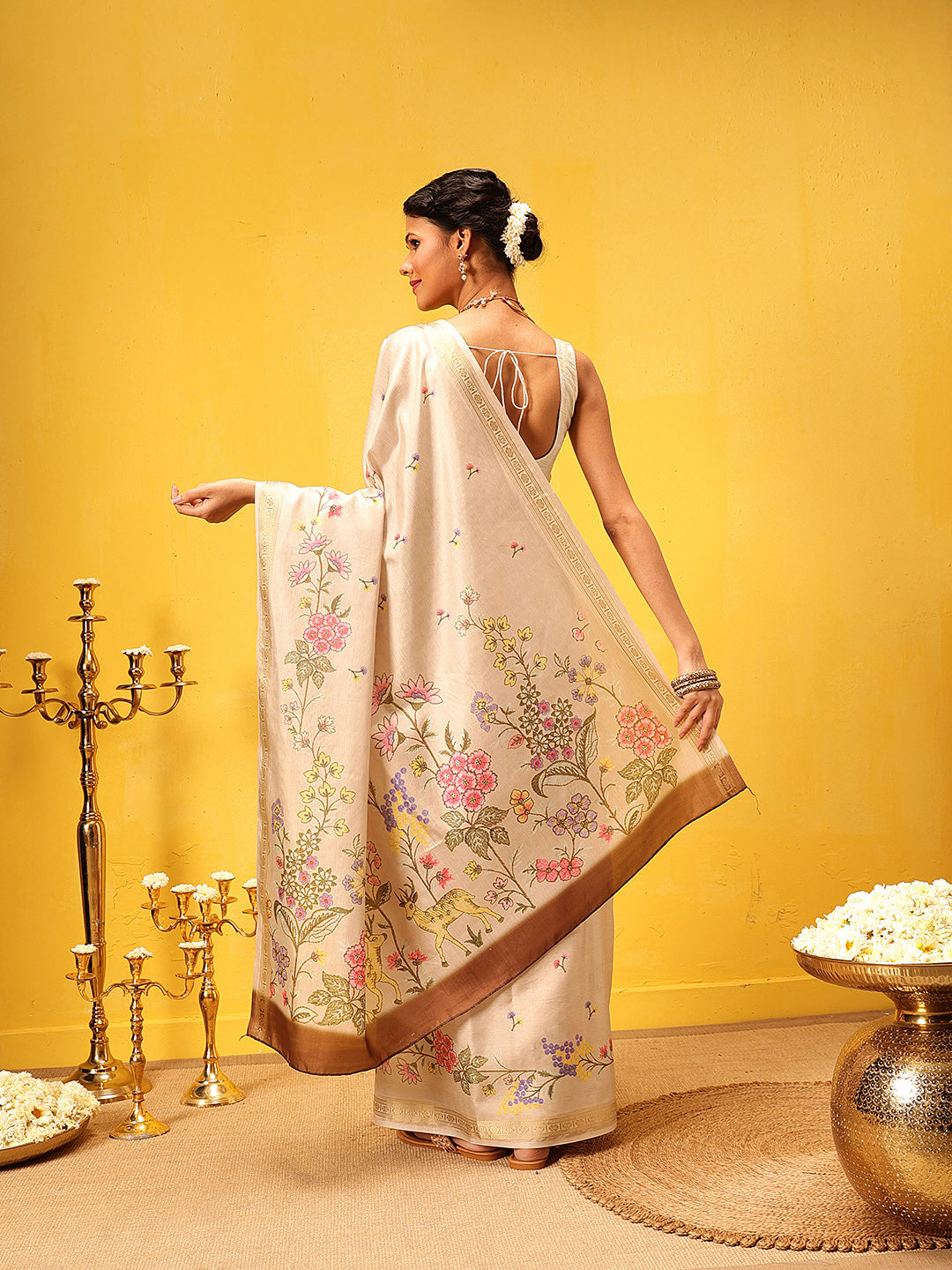 Hiral Fashion Beige Banarasi Art Silk Floral Digital Printed Saree | Grocsy