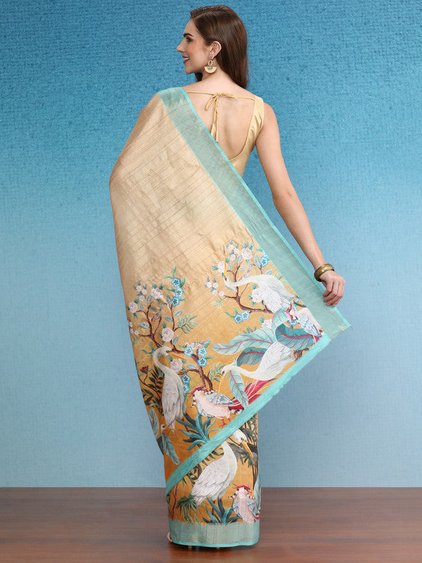 Beige Tusser Silk Digital Print Animal Print Saree with Unstitched Blouse - Hiral Fashion | Grocsy