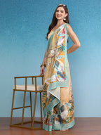 Beige Tusser Silk Digital Print Animal Print Saree with Unstitched Blouse - Hiral Fashion | Grocsy