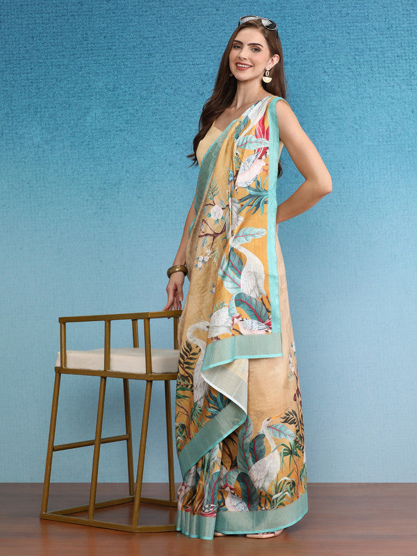 Beige Tusser Silk Digital Print Animal Print Saree with Unstitched Blouse - Hiral Fashion | Grocsy