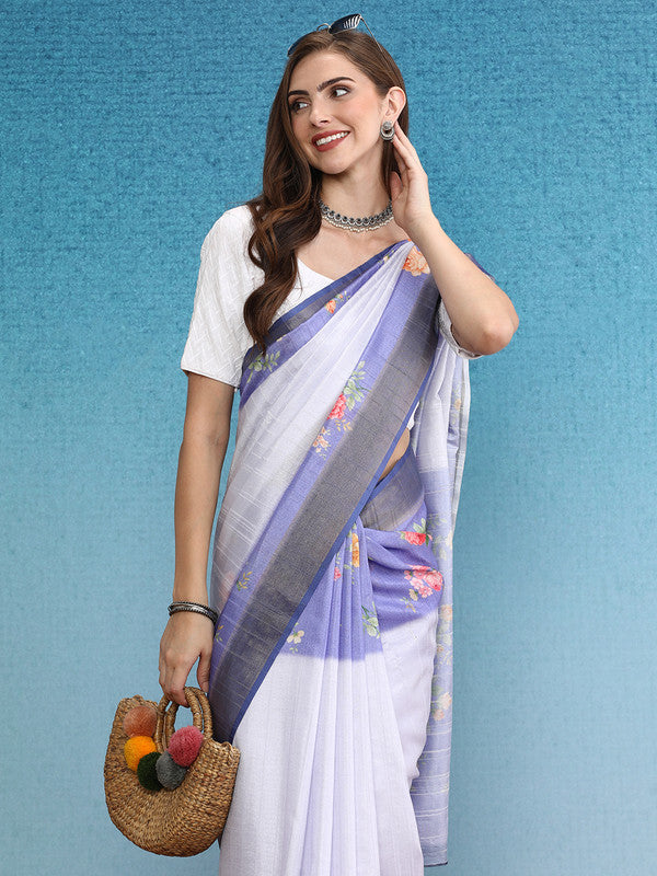 Lavender Tusser Silk Digital Print Floral Saree with Unstitched Blouse - Hiral Fashion | Grocsy