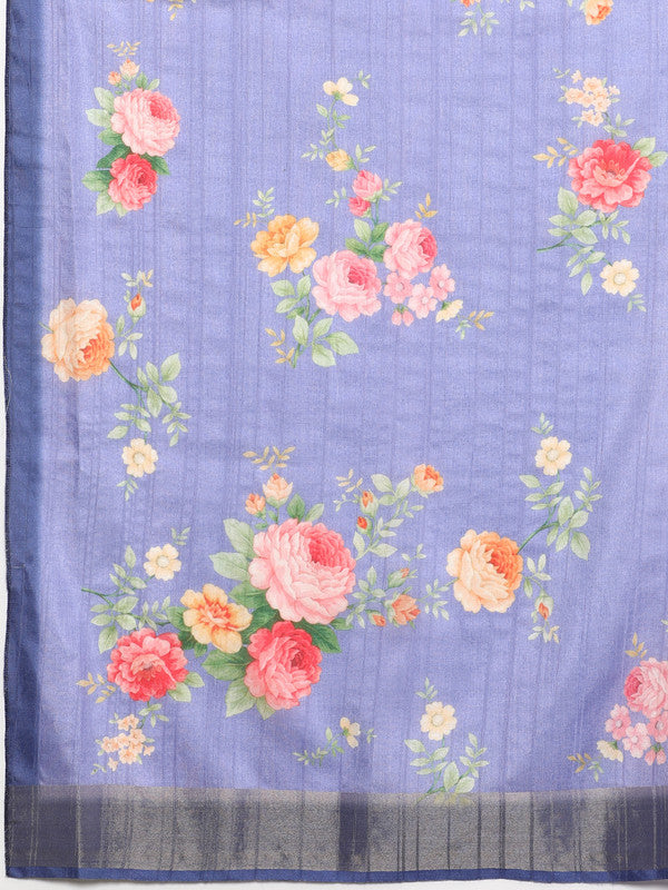 Lavender Tusser Silk Digital Print Floral Saree with Unstitched Blouse - Hiral Fashion | Grocsy