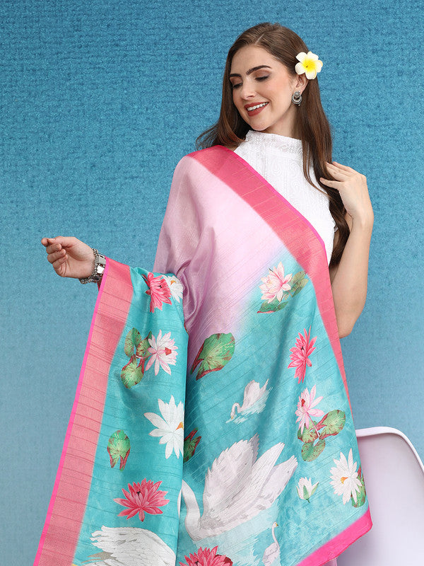 Pink Tusser Silk Digital Print Animal Print Saree with Unstitched Blouse - Hiral Fashion | Grocsy