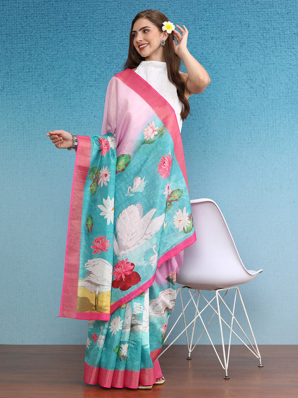 Pink Tusser Silk Digital Print Animal Print Saree with Unstitched Blouse - Hiral Fashion | Grocsy