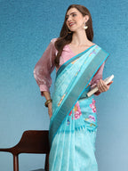 Turquoise Tusser Silk Digital Print Floral Saree with Unstitched Blouse - Hiral Fashion | Grocsy