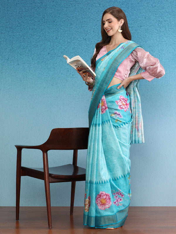 Turquoise Tusser Silk Digital Print Floral Saree with Unstitched Blouse - Hiral Fashion | Grocsy