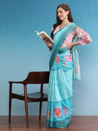 Turquoise Tusser Silk Digital Print Floral Saree with Unstitched Blouse - Hiral Fashion | Grocsy