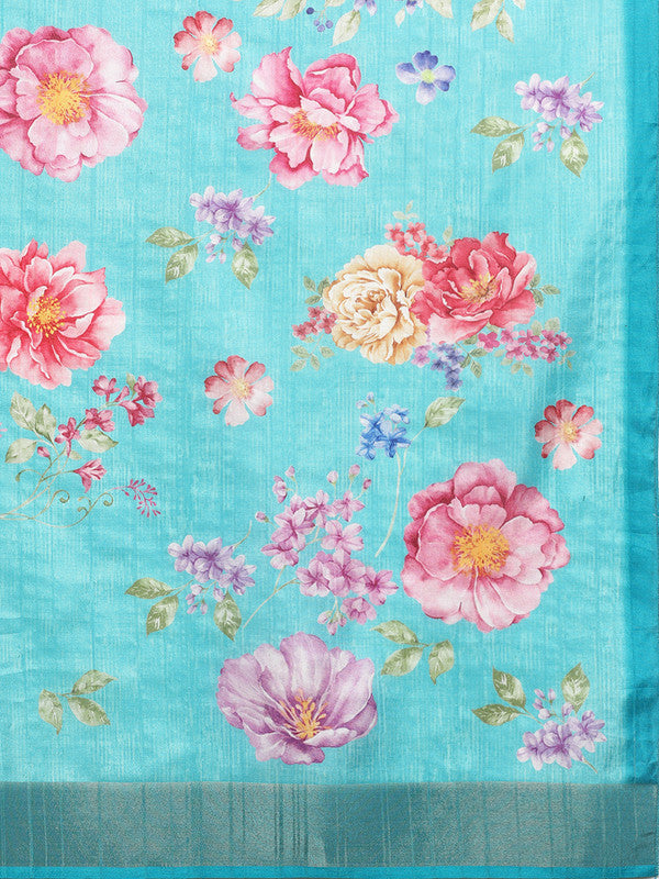 Turquoise Tusser Silk Digital Print Floral Saree with Unstitched Blouse - Hiral Fashion | Grocsy