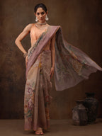Beige Cotton Blend Digital Print Floral Saree with Unstitched Blouse - Hiral Fashion | Grocsy