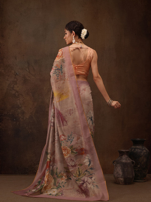 Beige Cotton Blend Digital Print Floral Saree with Unstitched Blouse - Hiral Fashion | Grocsy
