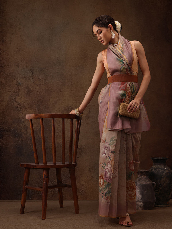 Beige Cotton Blend Digital Print Floral Saree with Unstitched Blouse - Hiral Fashion | Grocsy