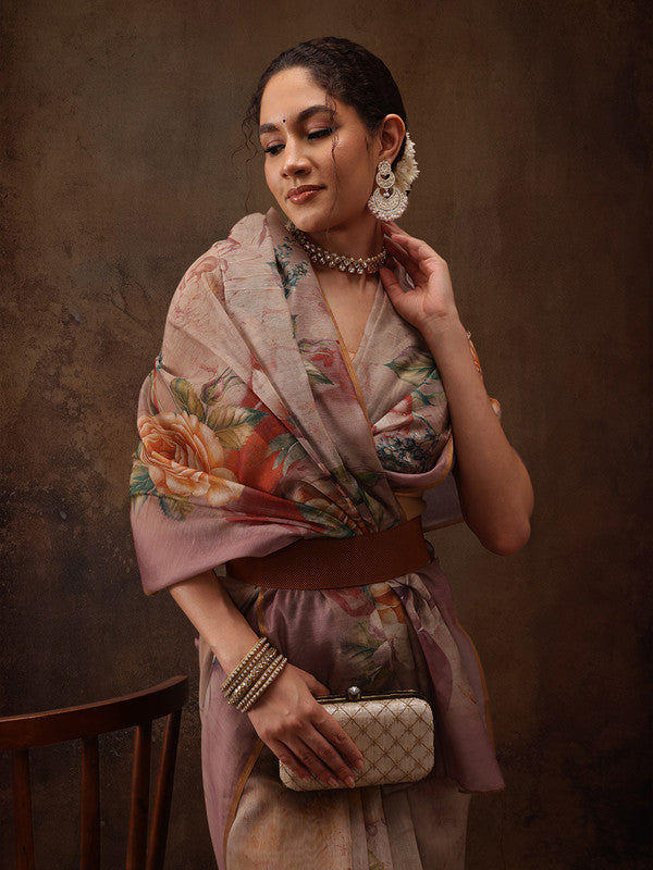 Beige Cotton Blend Digital Print Floral Saree with Unstitched Blouse - Hiral Fashion | Grocsy