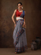 Gray Cotton Blend Digital Print Floral Saree with Unstitched Blouse - Hiral Fashion | Grocsy