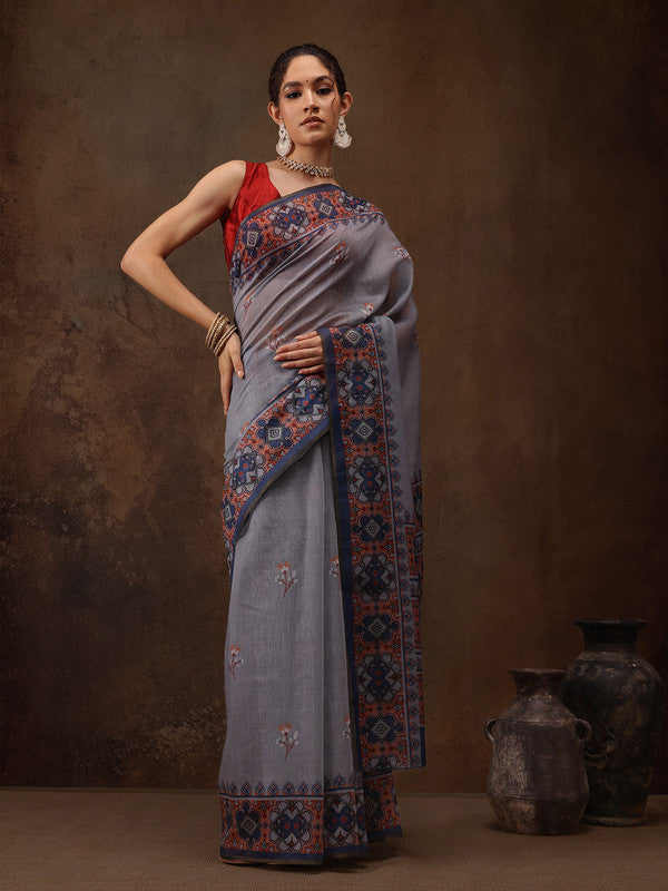 Gray Cotton Blend Digital Print Floral Saree with Unstitched Blouse - Hiral Fashion | Grocsy