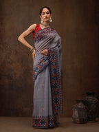 Gray Cotton Blend Digital Print Floral Saree with Unstitched Blouse - Hiral Fashion | Grocsy