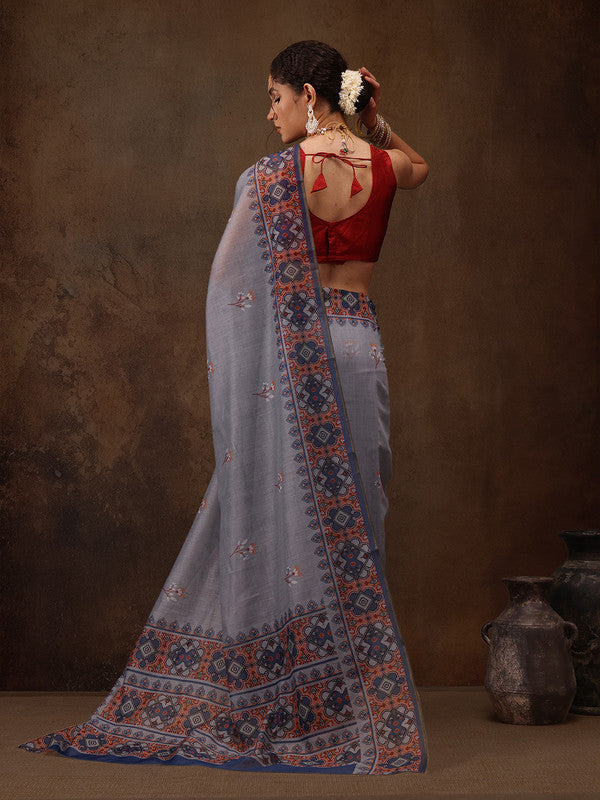 Gray Cotton Blend Digital Print Floral Saree with Unstitched Blouse - Hiral Fashion | Grocsy