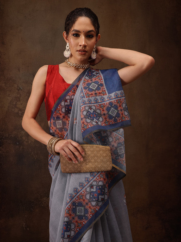 Gray Cotton Blend Digital Print Floral Saree with Unstitched Blouse - Hiral Fashion | Grocsy