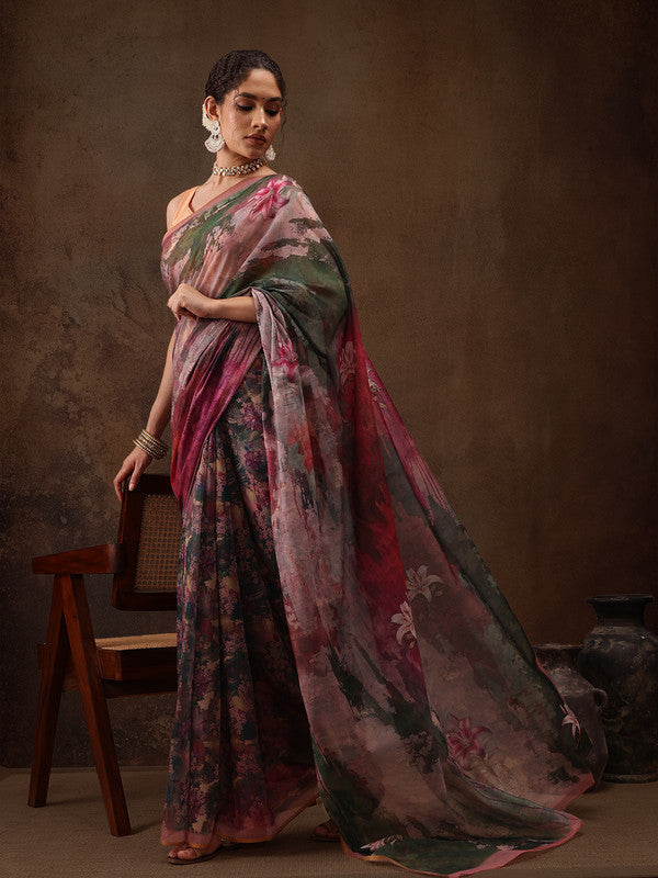 Multicolor Silk Blend Digital Print Floral Saree with Unstitched Blouse - Hiral Fashion | Grocsy