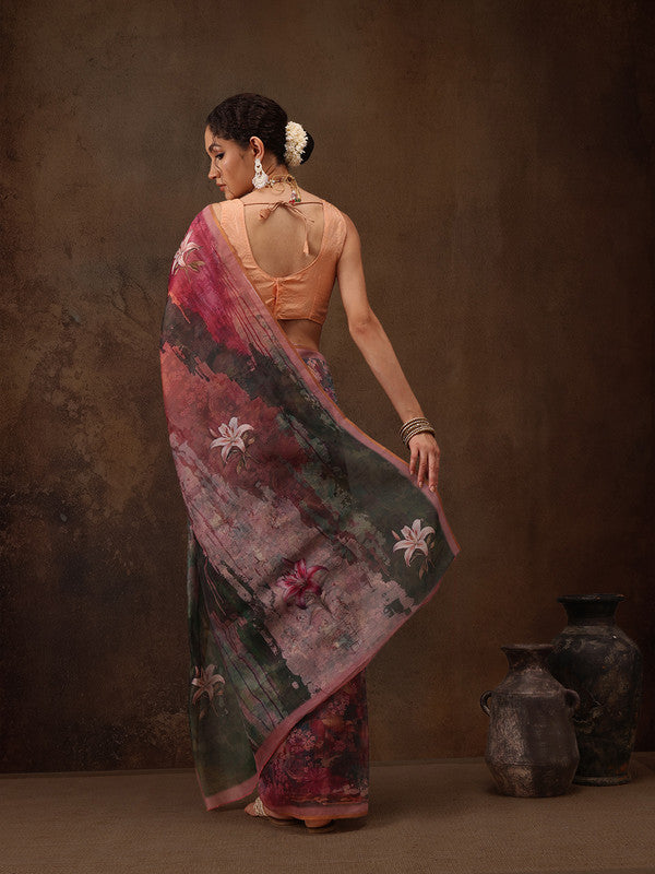 Multicolor Silk Blend Digital Print Floral Saree with Unstitched Blouse - Hiral Fashion | Grocsy