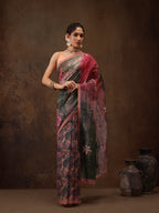 Multicolor Silk Blend Digital Print Floral Saree with Unstitched Blouse - Hiral Fashion | Grocsy