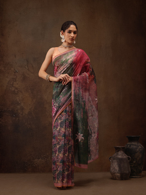 Multicolor Silk Blend Digital Print Floral Saree with Unstitched Blouse - Hiral Fashion | Grocsy
