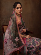 Multicolor Silk Blend Digital Print Floral Saree with Unstitched Blouse - Hiral Fashion | Grocsy