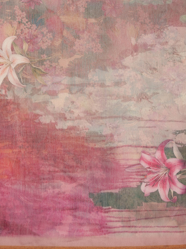 Multicolor Silk Blend Digital Print Floral Saree with Unstitched Blouse - Hiral Fashion | Grocsy