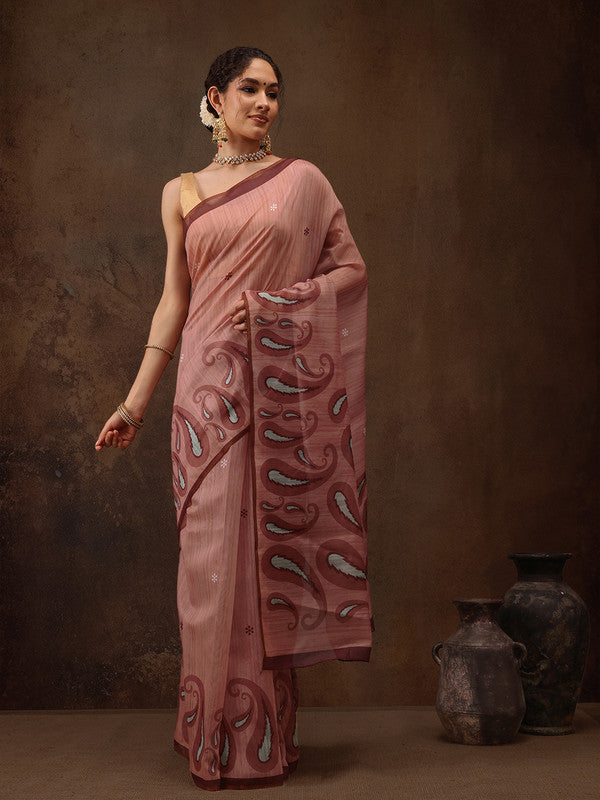 Peach Cotton Blend Digital Print Floral Saree with Unstitched Blouse - Hiral Fashion | Grocsy
