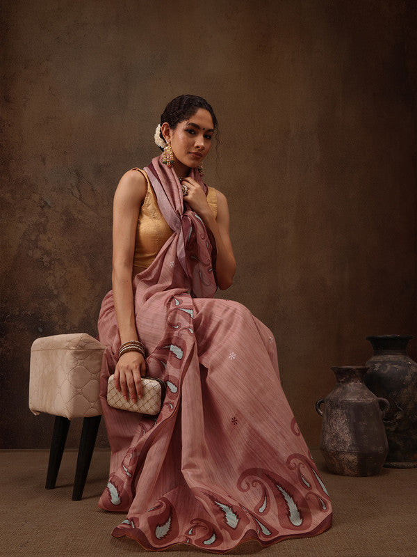 Peach Cotton Blend Digital Print Floral Saree with Unstitched Blouse - Hiral Fashion | Grocsy