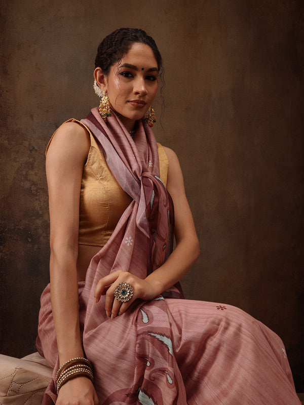 Peach Cotton Blend Digital Print Floral Saree with Unstitched Blouse - Hiral Fashion | Grocsy