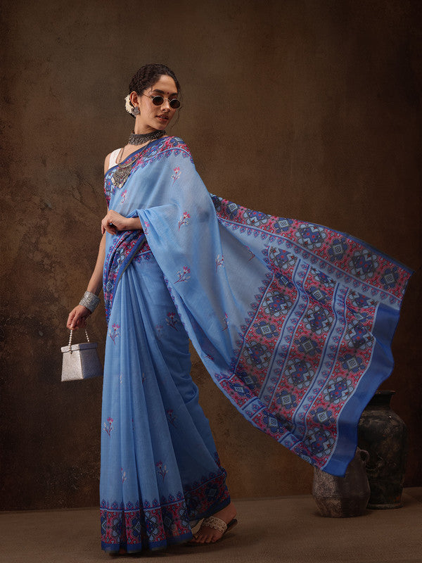 Sky Blue Cotton Blend Digital Print Floral Saree with Unstitched Blouse - Hiral Fashion | Grocsy