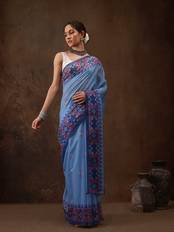 Sky Blue Cotton Blend Digital Print Floral Saree with Unstitched Blouse - Hiral Fashion | Grocsy
