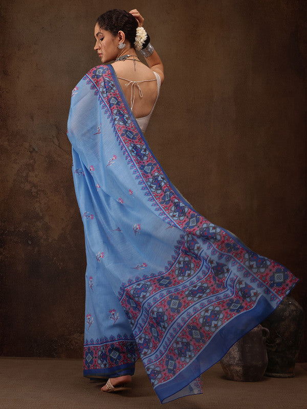 Sky Blue Cotton Blend Digital Print Floral Saree with Unstitched Blouse - Hiral Fashion | Grocsy