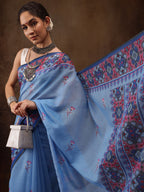 Sky Blue Cotton Blend Digital Print Floral Saree with Unstitched Blouse - Hiral Fashion | Grocsy