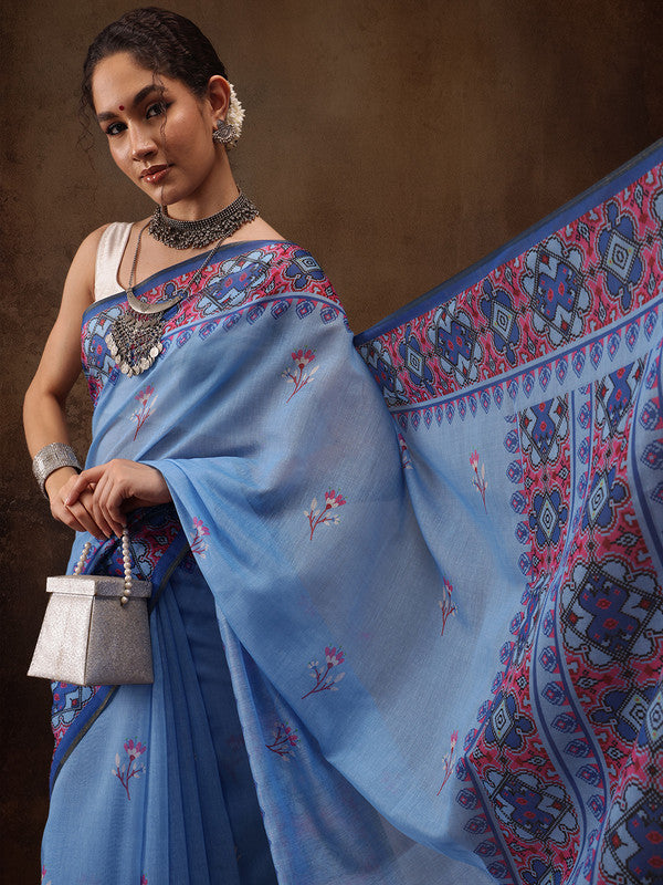 Sky Blue Cotton Blend Digital Print Floral Saree with Unstitched Blouse - Hiral Fashion | Grocsy