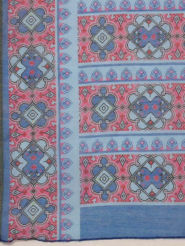 Sky Blue Cotton Blend Digital Print Floral Saree with Unstitched Blouse - Hiral Fashion | Grocsy