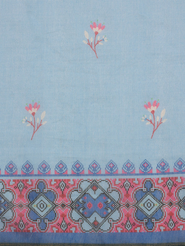 Sky Blue Cotton Blend Digital Print Floral Saree with Unstitched Blouse - Hiral Fashion | Grocsy
