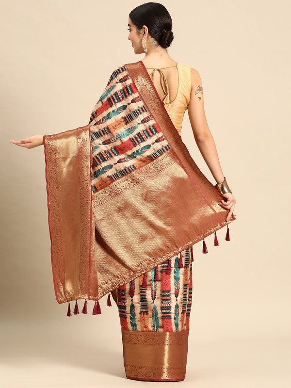 Beige Kanchipuram Silk Digital Print Abstract Saree with Unstitched Blouse - Hiral Fashion | Grocsy