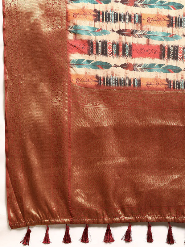 Beige Kanchipuram Silk Digital Print Abstract Saree with Unstitched Blouse - Hiral Fashion | Grocsy