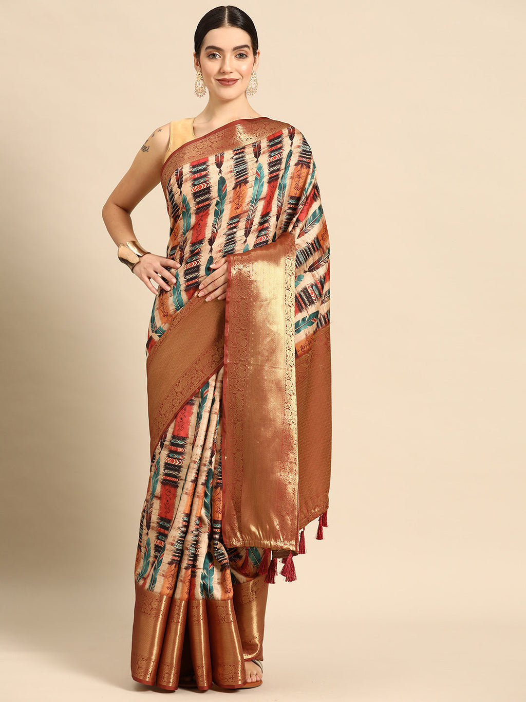 Beige Kanchipuram Silk Digital Print Abstract Saree with Unstitched Blouse - Hiral Fashion | Grocsy