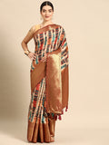 Beige Kanchipuram Silk Digital Print Abstract Saree with Unstitched Blouse - Hiral Fashion | Grocsy