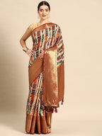 Beige Kanchipuram Silk Digital Print Abstract Saree with Unstitched Blouse - Hiral Fashion | Grocsy