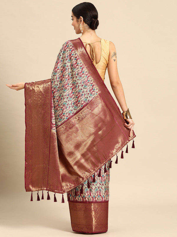 Off White Kanchipuram Silk Digital Print Paisely Saree with Unstitched Blouse - Hiral Fashion | Grocsy