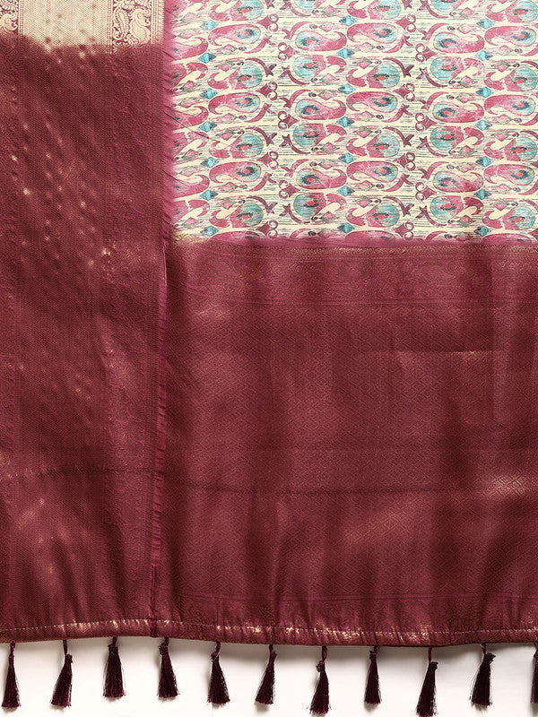 Off White Kanchipuram Silk Digital Print Paisely Saree with Unstitched Blouse - Hiral Fashion | Grocsy