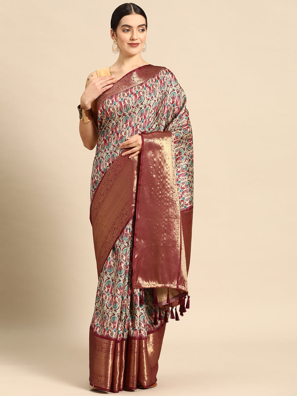 Off White Kanchipuram Silk Digital Print Paisely Saree with Unstitched Blouse - Hiral Fashion | Grocsy