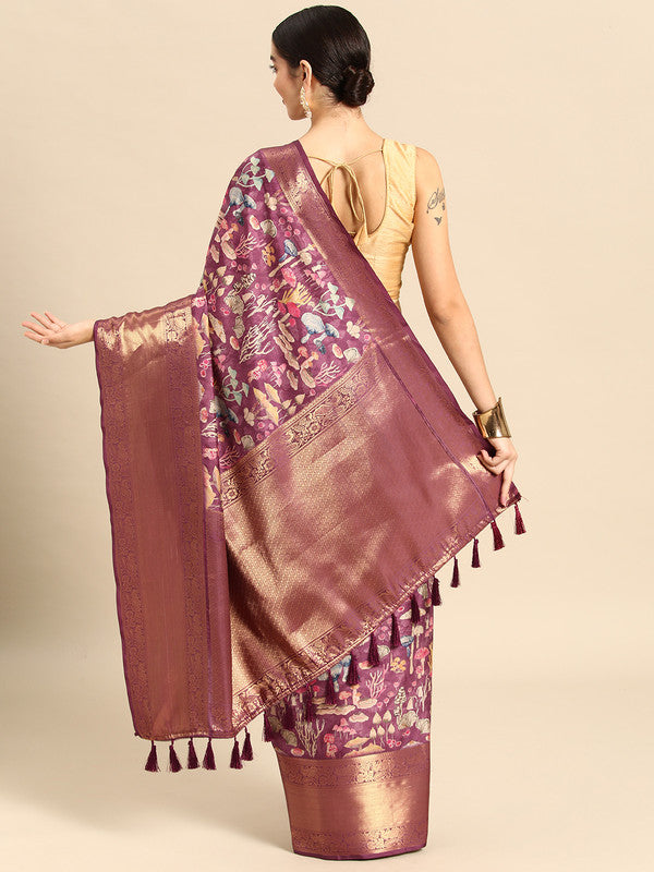 Purple Kanchipuram Silk Digital Print Floral Saree with Unstitched Blouse - Hiral Fashion | Grocsy