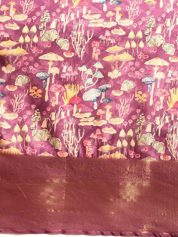 Purple Kanchipuram Silk Digital Print Floral Saree with Unstitched Blouse - Hiral Fashion | Grocsy