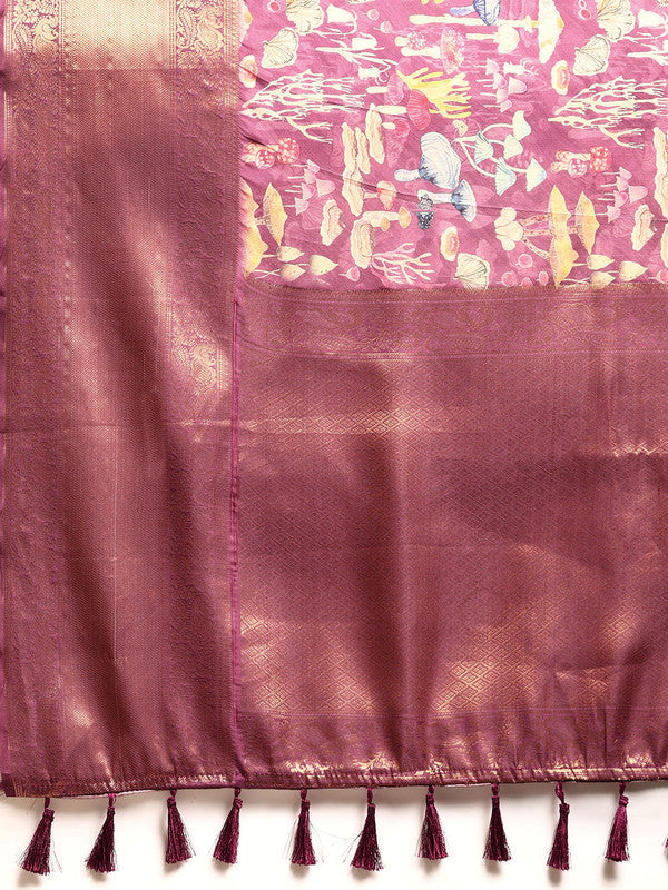 Purple Kanchipuram Silk Digital Print Floral Saree with Unstitched Blouse - Hiral Fashion | Grocsy
